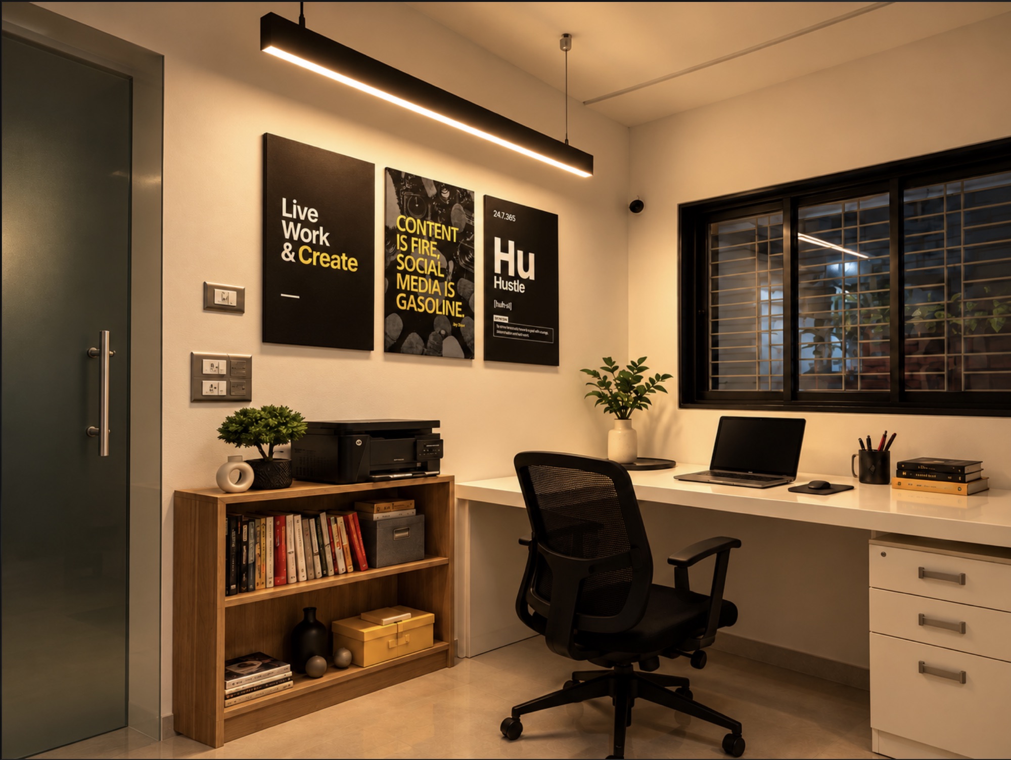 A workstation with ergonomic chair, storage drawers and the printer